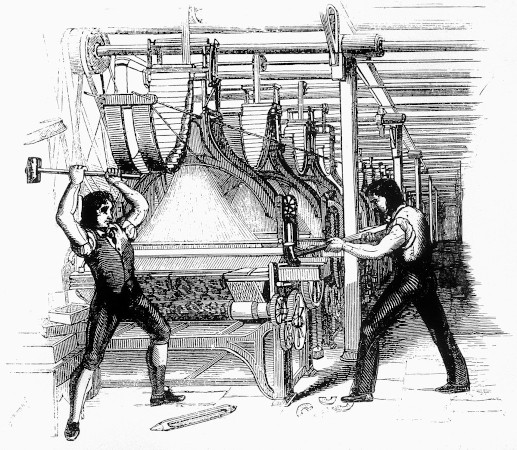 Gravura do final do século XVIII na qual trabalhadores adeptos do ludismo estão quebrando uma máquina em uma fábrica.
