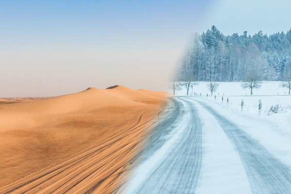 Montagem retratando uma mudança climática, de deserto quente a floresta nevada, em alusão aos diferentes tipos de clima.