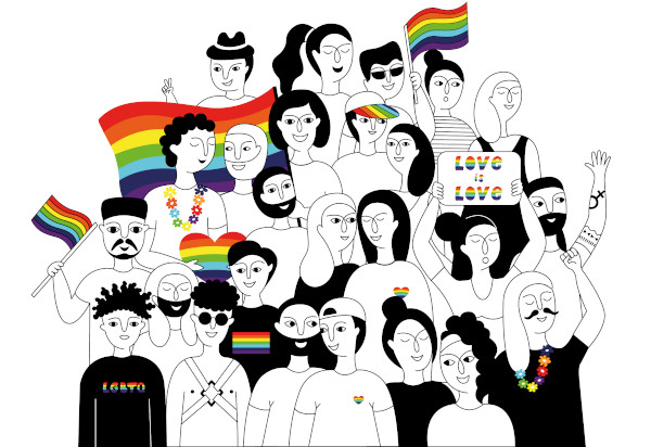 Ilustração de um grupo de pessoas participando de uma Parada do Orgulho LGBTQIA+.