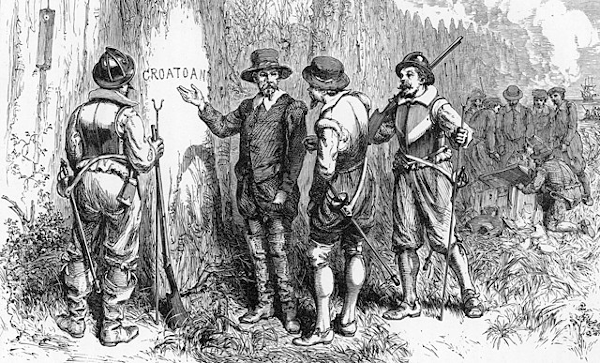 Ilustração do retorno a Roanoke, a Colônia Perdida, estabelecida em parte da região que hoje é a Carolina do Norte.