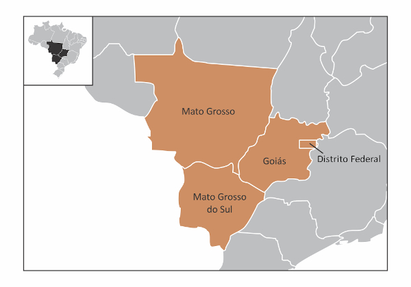 O mapa em detalhe indica a localização dos estados do Centro-Oeste no território brasileiro.