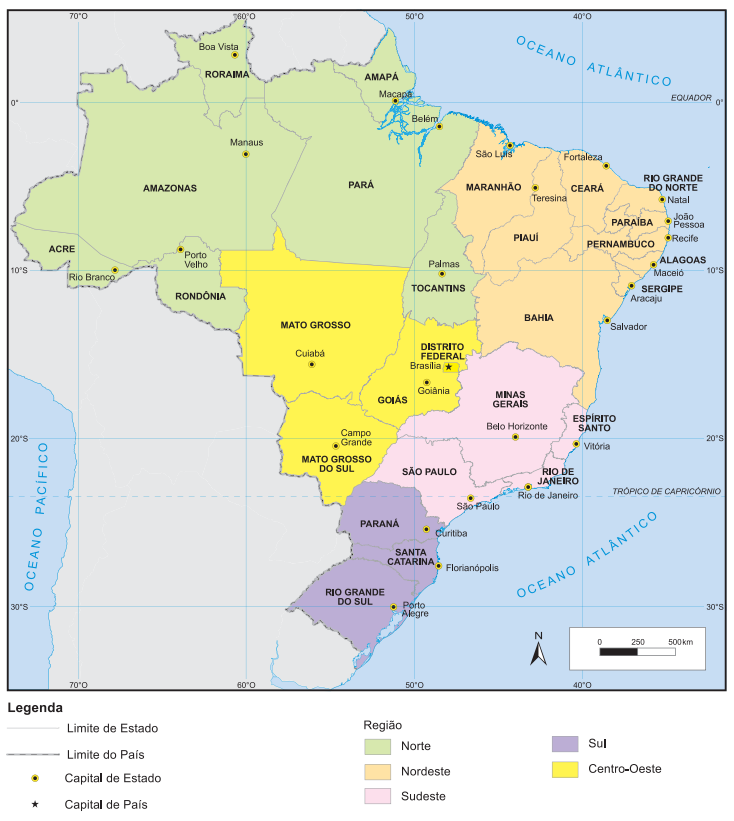 Mapa dos estados brasileiros, aspecto da geografia do Brasil.