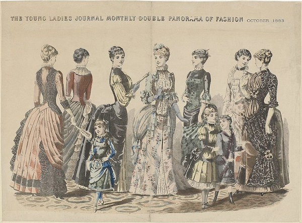 Gravura mostrando o estilo de roupa feminina da moda na era vitoriana.