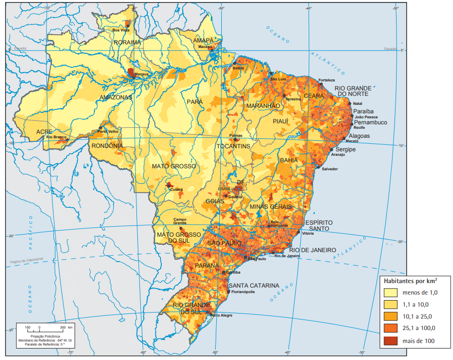  Mapa da distribuição populacional brasileira, um dos aspectos da geografia do Brasil.