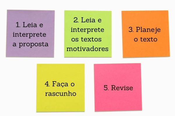 5 dicas para fazer uma boa redação escrita em post-its de cores diversas.