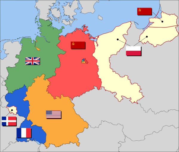 Mapa que mostra a divisão da Alemanha em quatro zonas de ocupação que foi decidida na Conferência de Potsdam.