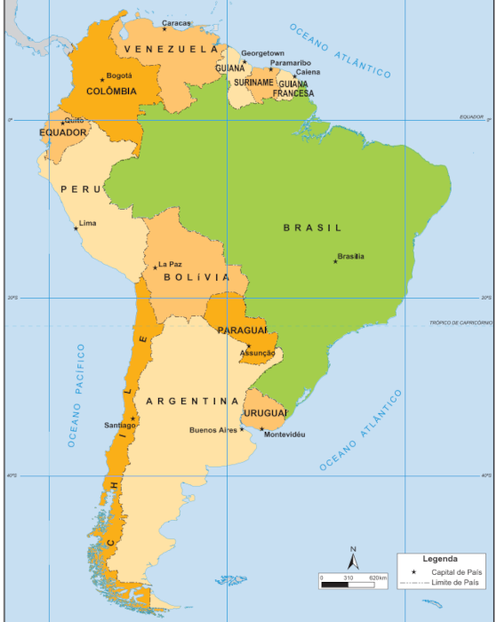 Mapa dos países da América do Sul com suas capitais.