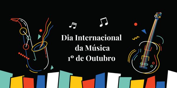 Texto “Dia Internacional da Música – 1º de Outubro” escrito em fundo preto com símbolos que remetem à música.