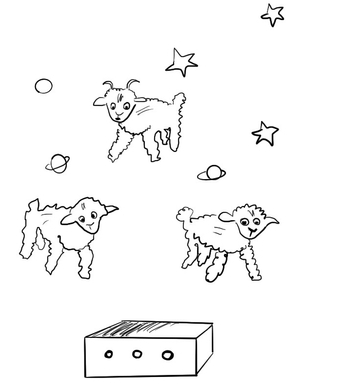 Ilustração de vários carneiros e de uma caixa com três furos, desenhos da obra “O pequeno príncipe”.