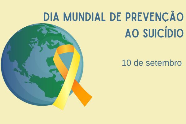Fita amarela próxima a um globo terrestre ao lado dos escritos “Dia Mundial de Prevenção ao Suicídio” e “10 de setembro”.