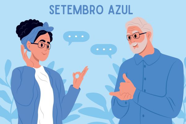 Ilustração de duas pessoas conversando em língua de sinais abaixo do escrito “Setembro Azul”.