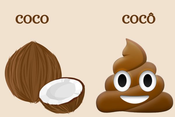 Ilustração de um coco ao lado de ilustração de um cocô. Texto na imagem: “Coco”; “Cocô”.