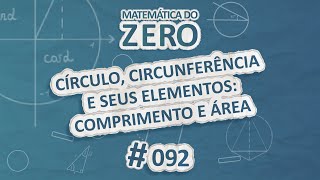 Escrito"Matemática do Zero | Círculo, circunferência e seus elementos: comprimento e área" em fundo azul.