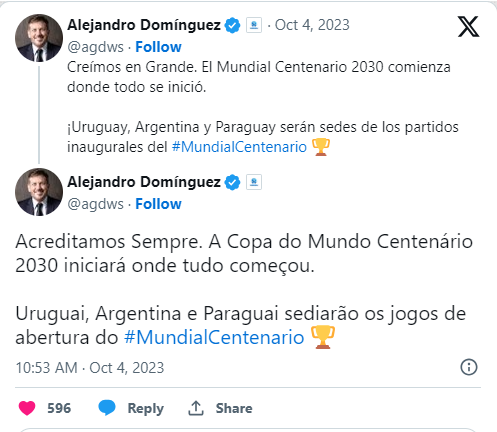Publicação no X feita pelo perfil de Alejandro Dominguéz, presidente da Conmebol. 