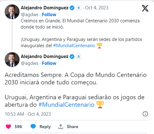 Presidente da Conmebol anuncia abertura da Copa do Mundo de 2030