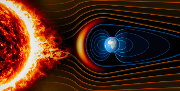 Ilustração mostrando como o campo eletromagnético terrestre protege o planeta Terra de uma tempestade solar.
