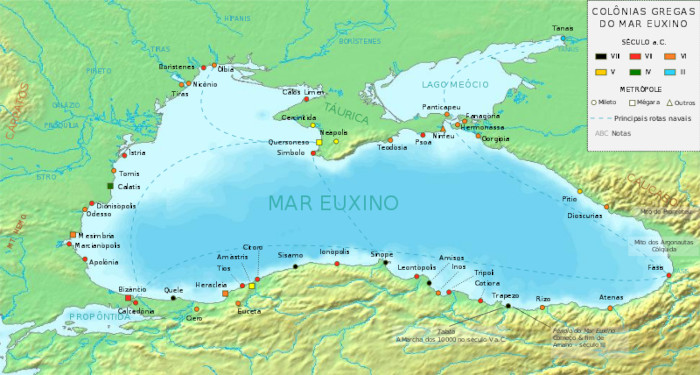 Mapa indicando o Périplo do Mar Euxino, um périplo realizado na região do Mar Negro.