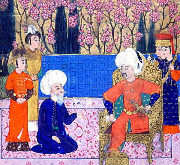 Pintura do século XVI representando Selim I, um dos principais califas, governantes de um califado, sentado em seu trono.
