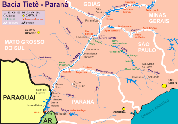 Mapa da Bacia Tietê-Paraná mostrando as possibilidades dos bandeirantes a partir do Rio Tietê.