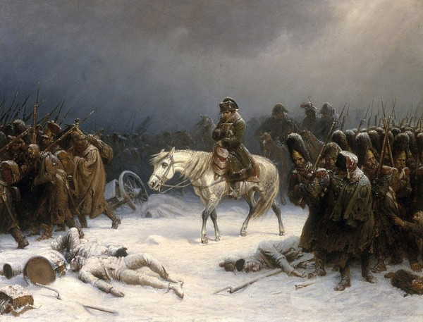 Napoleão e seu exército em meio ao inverno russo, na fracassada campanha contra a Rússia.