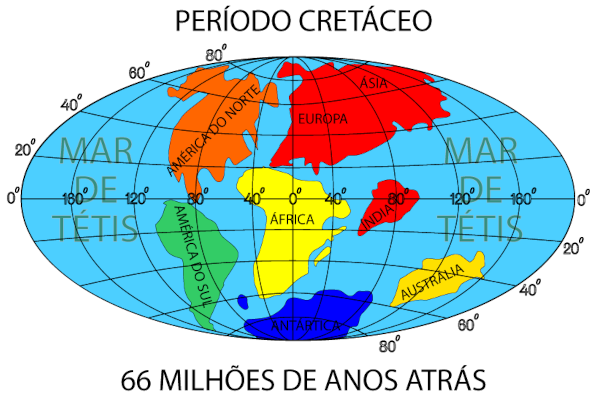 Mapa-múndi mostrando a superfície terrestre durante o fim do período Cretáceo.