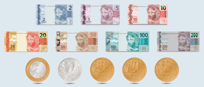 A segunda família do real, atual moeda circulante na economia brasileira.