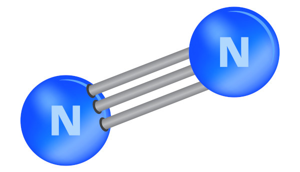 Estrutura molecular do N2, o gás nitrogênio, principal forma de manifestação do nitrogênio.