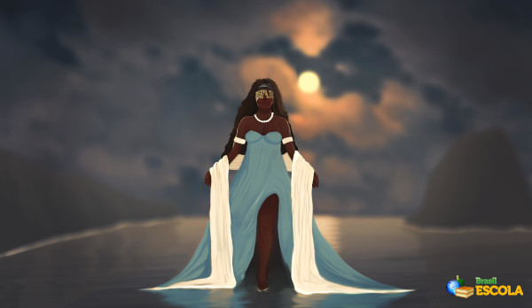 Representação de Iemanjá: uma mulher negra vestida de azul e um manto branco andando sobre as águas.