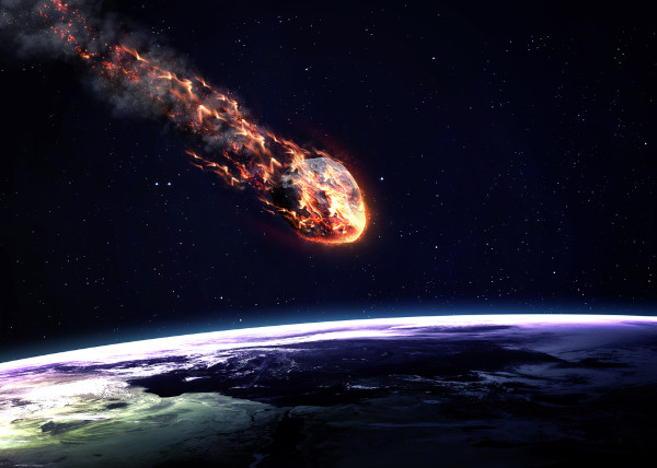 Ilustração de um meteoro em direção à Terra, na atmosfera terrestre, onde também se encontra a mesosfera.