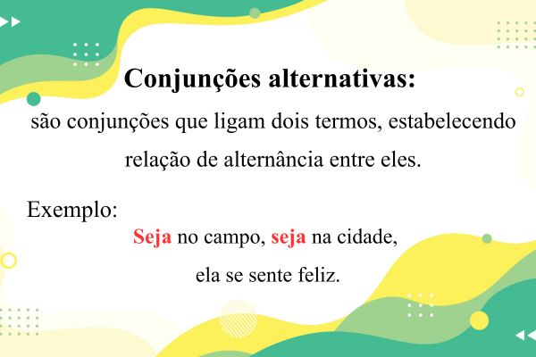Imagem explicando o que são conjunções alternativas e mostrando um exemplo.