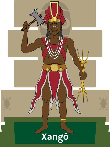 Representação de Xangô: homem negro vestido de vermelho segurando um machado na mão direita e raios na esquerda.