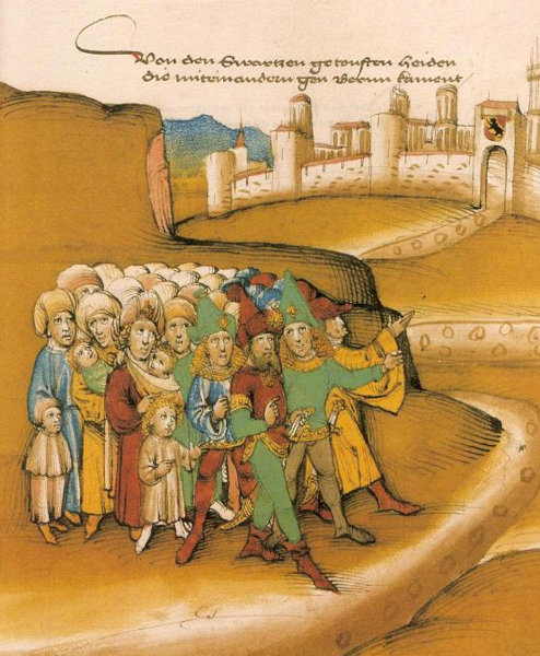 Representação da chegada de uma caravana de ciganos a Berna, na Suíça, no século XV.