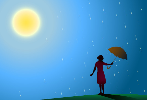 Mulher com guarda-chuva, em momento que faz Sol e está chovendo, em alusão a uma conhecida parlenda do folclore brasileiro.