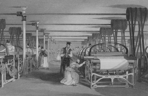 Gravura que representa as primeiras máquinas da Revolução Industrial, no contexto de surgimento da maquinofatura.