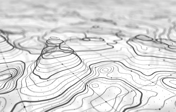 Curvas de nível de um mapa topográfico em 3D.