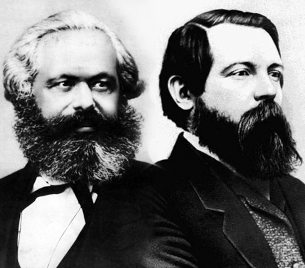 Colagem feita com o rosto de Karl Marx e com o rosto de Friedrich Engels, os principais pensadores do socialismo científico.