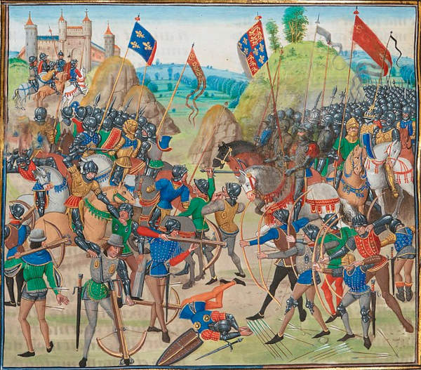 Pintura mostra soldados lutando na Guerra dos Cem Anos, em texto sobre Estado Moderno. 