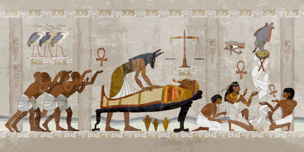 Painel ilustrando a mumificação de um faraó, prática típica no Egito Antigo