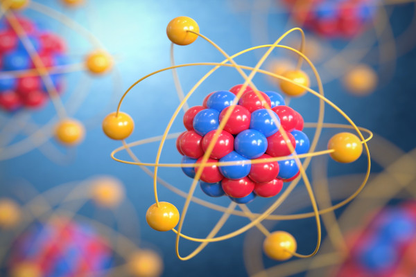 Representação gráfica de um átomo, que possui três partículas subatômicas: prótons, nêutrons e elétrons