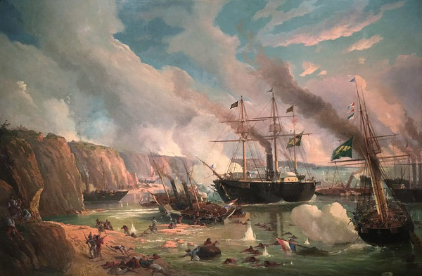 Pintura retratando navios durante a Guerra do Paraguai, onde atuou Duque de Caxias.