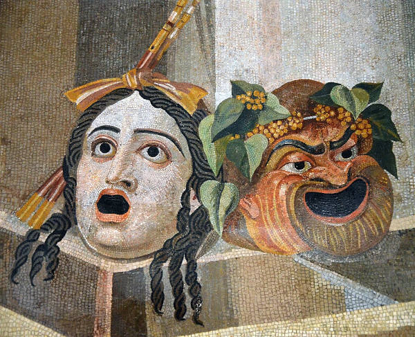 Máscaras da tragédia e da comédia representadas em mosaico romano do século II, um exemplo de arte romana.