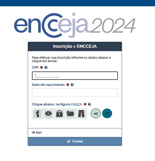 Página para entrar no sistema de inscrição do Encceja 2024