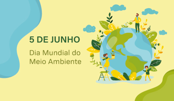 Representação gráfica de pessoas interagindo com a Terra ao lado do escrito “5 de junho — Dia Mundial do Meio Ambiente”.