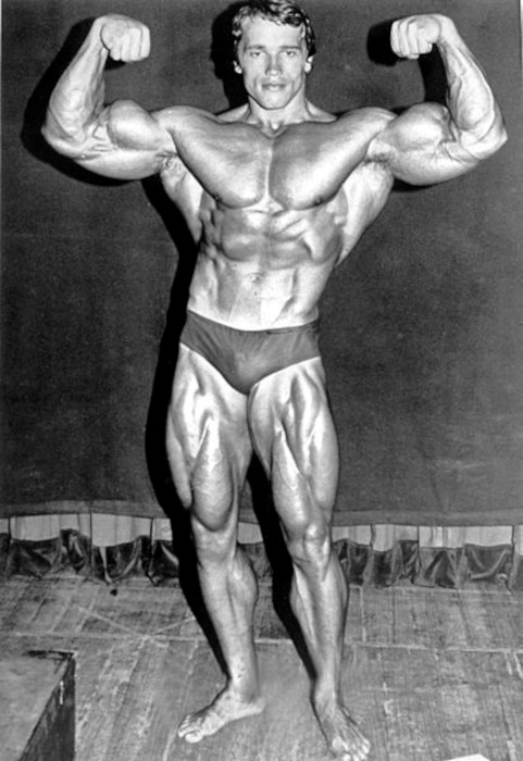 Fotografia de Arnold Schwarzenegger jovem, um dos principais representantes do levantamento de peso nos Estados Unidos.