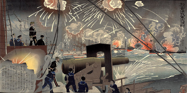 Ilustração de uma das batalhas navais ocorridas durante a Primeira Guerra Sino-Japonesa.