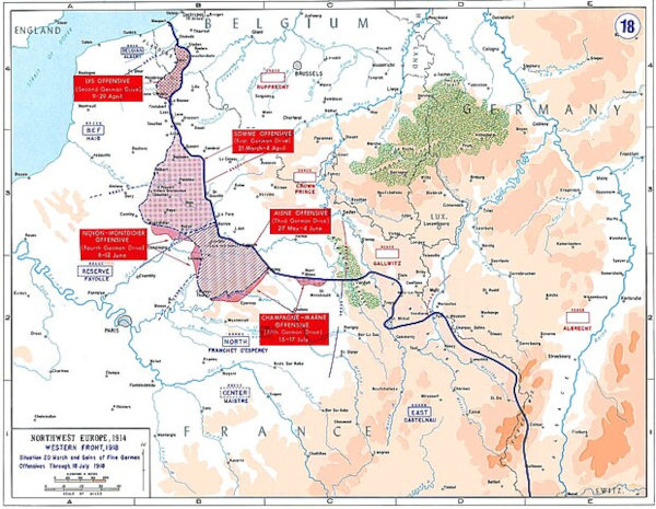 Mapa do front oriental da Primeira Guerra Mundial mostrando a região de ocorrência da Segunda Batalha do Marne.