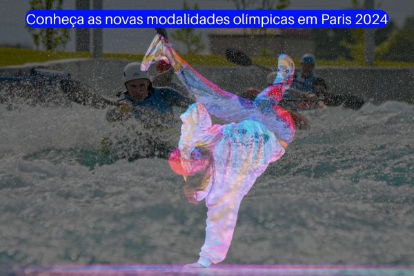 Imagem semi transparente de um dançarino de break sob uma foto de uma competição de caiaque cross. Referência às novas modalidades olímpicas