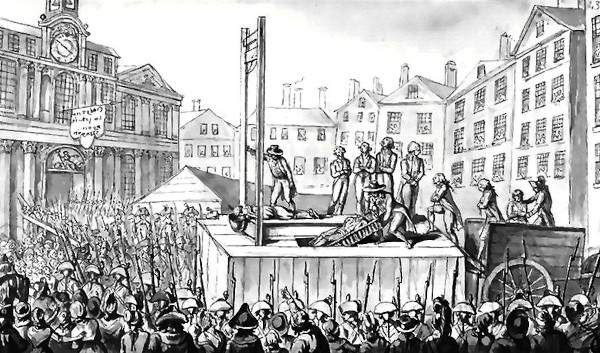 O Terror jacobino na Revolução Francesa: a morte de adversários na guilhotina.