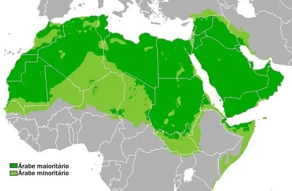 Mapa da distribuição da população árabe, em texto sobre árabes e muçulmanos.