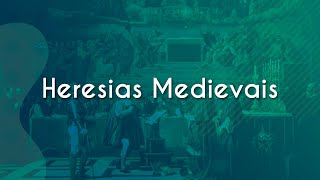 "Heresias Medievais" escrito sobre fundo verde água com desenhos em alusão à idade medieval.